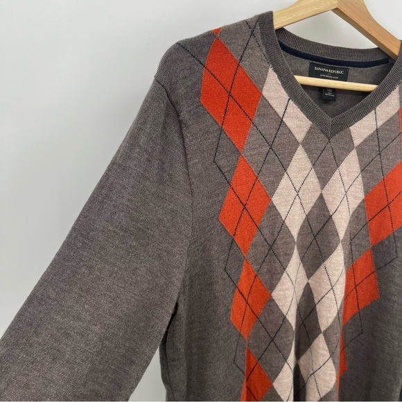 Banana Republic Factory L 100% Merino Wool Argyle V Neck Sweater Y2K - Picture 2 of 9